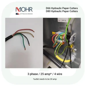 Three-phase hydraulic paper cutter wires with color-coded cables.