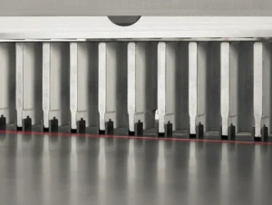 Close-up of a metal comb-like tool on a reflective surface.