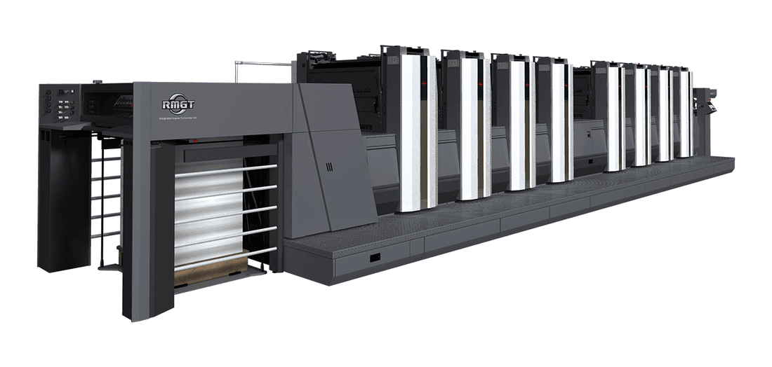 Modern industrial printing press with multiple printing units.