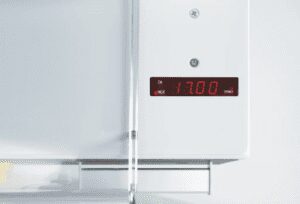 Close-up of a digital temperature display reading 17.00.