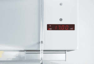 Close-up of a digital temperature display reading 17.00.