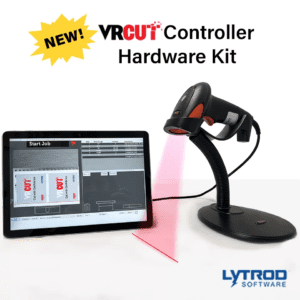 VR Cut controller hardware kit with barcode scanner and tablet interface.